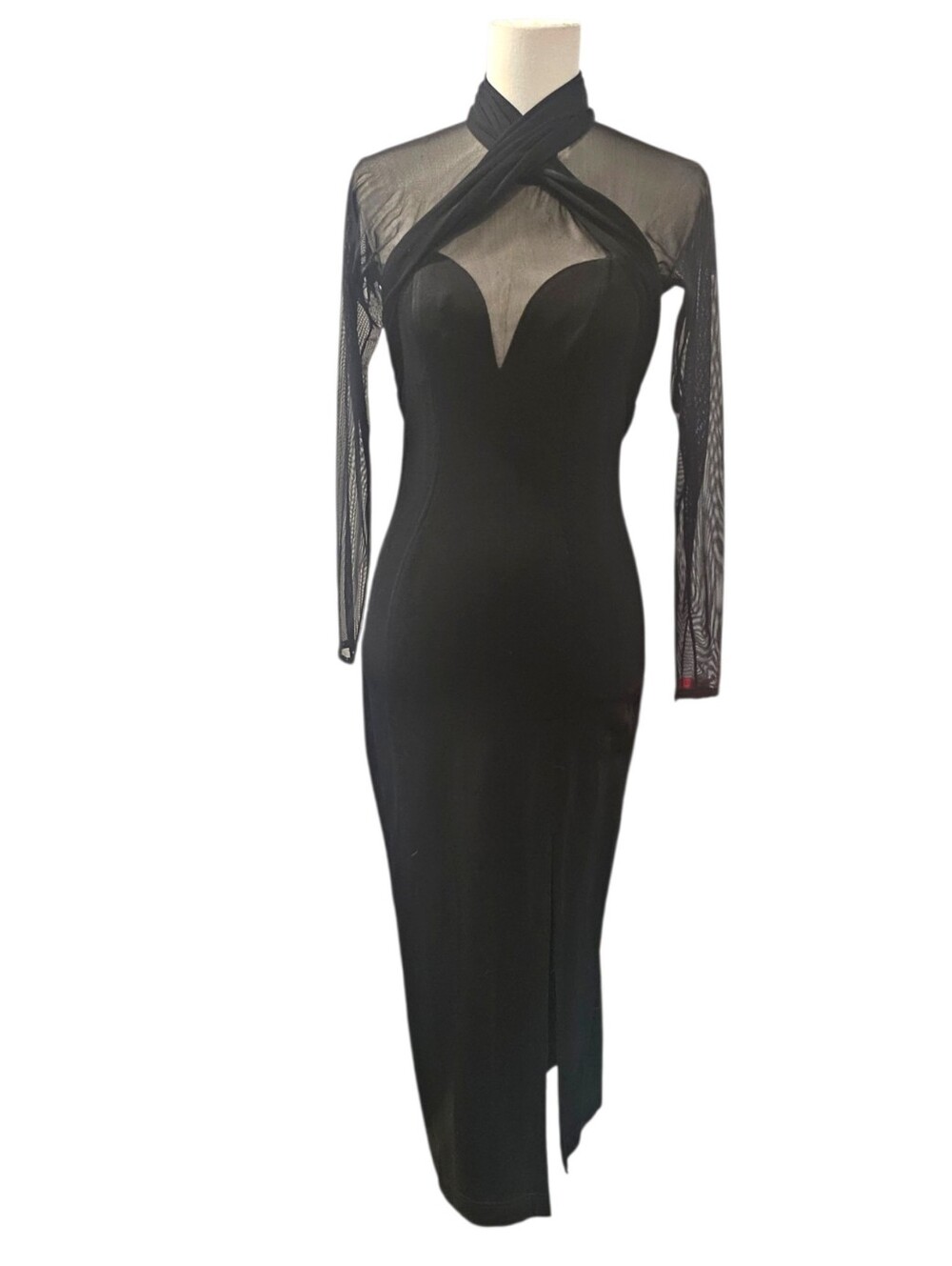 Vintage Tadashi Shoji Black Mesh Illusion Halter Gown Maxi Dress Size XS